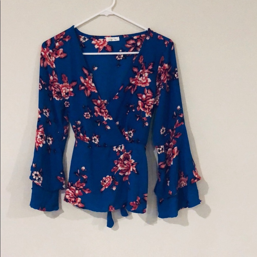 Blue Floral Wrap Top - Picture 3 of 8